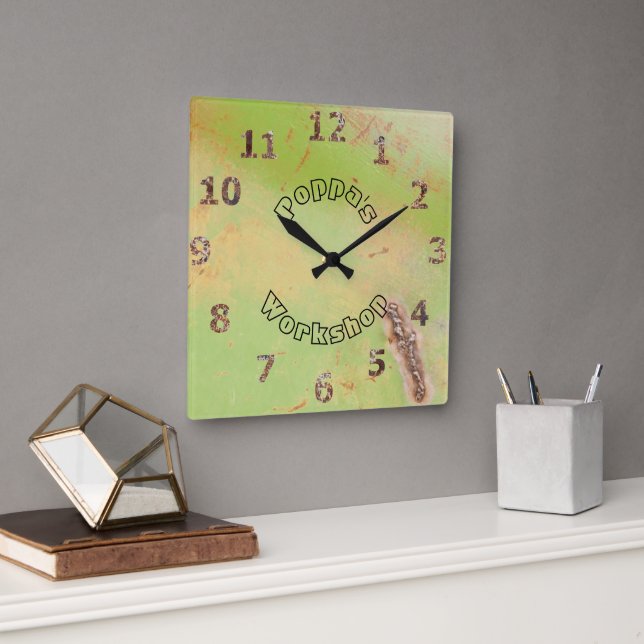 Horloge Carrée Nom personnalisé Rustique Garage Atelier Patina ve (Bureau)