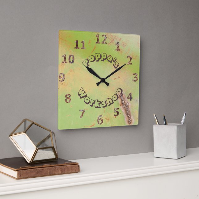 Horloge Carrée Nom personnalisé Rustique Garage Atelier Patina ve (Bureau)