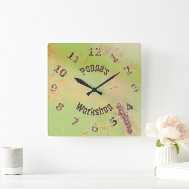 Horloge Carrée Nom personnalisé Rustique Garage Atelier Patina ve (Maison)