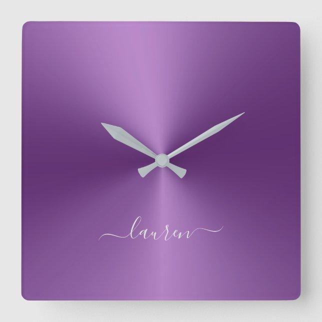 Horloge Carrée Nom personnalisé Style métallique violet acrylique (Recto)