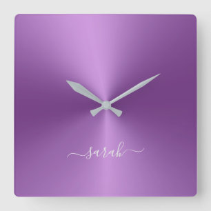 Horloge Carrée Nom Personnalisé Style Métallurgique Violet Acry