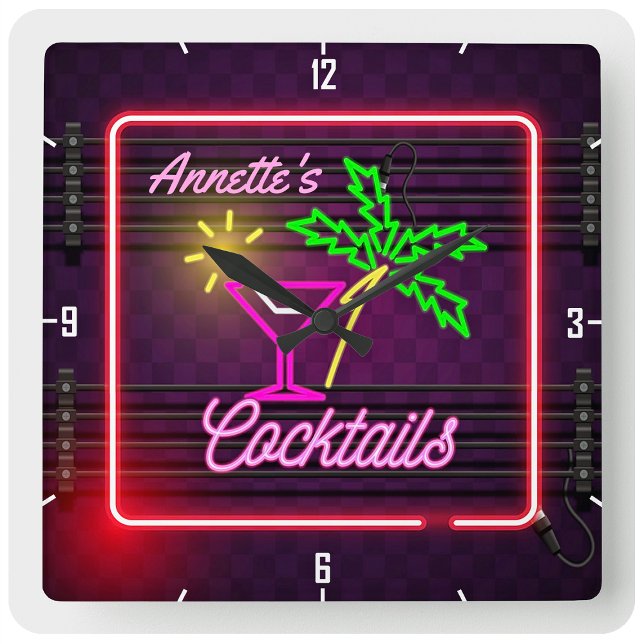 Horloge Carrée Nom personnalisé Tropical Neon Style Cocktail Bar (Créateur téléchargé)
