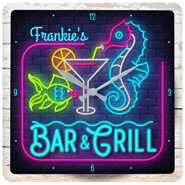 Horloge Carrée Nom personnalisé Tropical Seahorse Beach Bar and G (Créateur téléchargé)