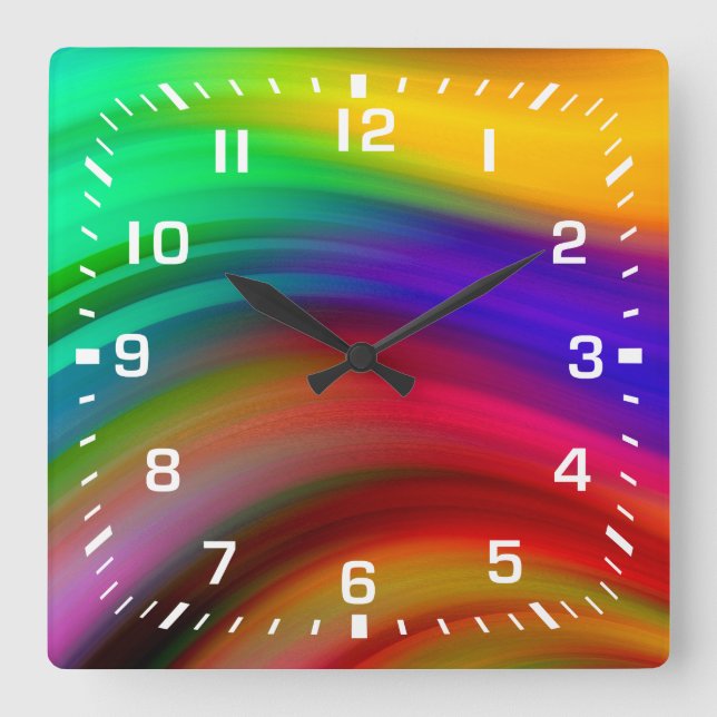 Horloge Carrée Nombres blancs / Rayures de vague arc-en-ciel (Recto)