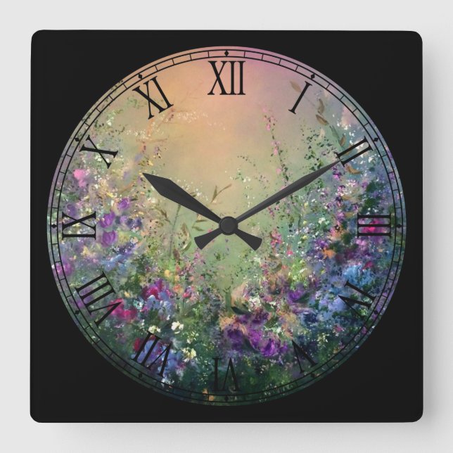 Horloge Carrée Nombres romains fleuris et florissants (Recto)