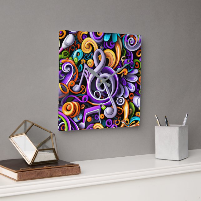 Horloge Carrée Notes musicales (Bureau)