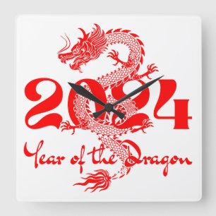 Horloge Carrée Nouvel An chinois 2024 Année du Dragon
