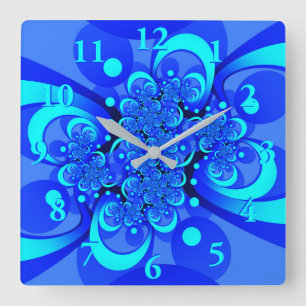 Horloge Carrée Nuances de bleu Art fractal abstrait moderne