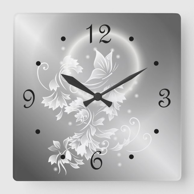 Horloge Carrée Numéros d'argent du papillon floral (Recto)