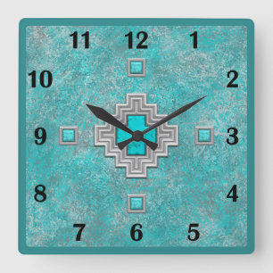 Horloge Carrée Numéros de base géométriques en pierre turquoise d