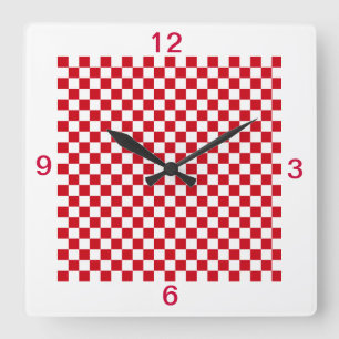 Horloge Carrée Numéros de pointage Checkered rouges et blancs de