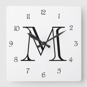Horloge Carrée Numéros de script noir monogramme sur wccn blanc