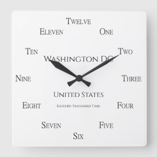 Horloge Carrée Numéros en anglais personnalisé Ville Pays et fuse