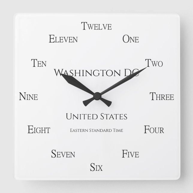 Horloge Carrée Numéros en anglais personnalisé Ville Pays et fuse (Recto)