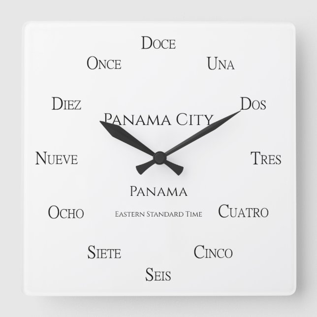 Horloge Carrée Numéros Espagnol Lieux personnalisés et fuseau hor (Recto)