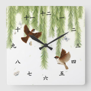 Horloge Carrée Numéros Kanji Sparrows Tree Sparrows Chinese & Ja