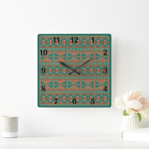 Horloge Carrée Numéros réguliers géométriques Turquoises en cuivr
