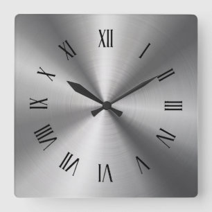 Horloge Carrée Numéros romains gris brillant en acier métallique