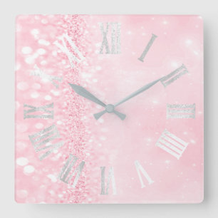 Horloge Carrée Numéros romains Silver Grey Parties scintillant ro