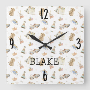 Horloge Carrée Nurserie aquarelle blanche Jouets vintage 10,75 po