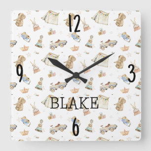 Horloge Carrée Nurserie Bohème Aquarelle Jouets Anciens 10,75 pou
