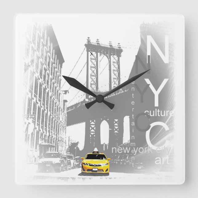 Horloge Carrée Nyc Yellow Taxi Brooklyn Bridge Pop Art Photo (Recto)