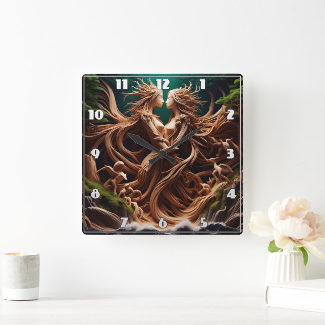 Horloge Carrée Nymphes de forêt enchantés par les chutes d'eau (Maison)