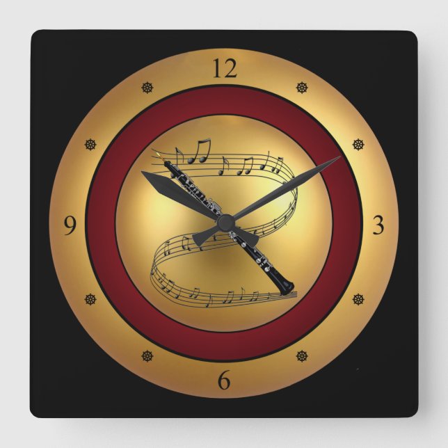 Horloge Carrée Oboe~Scroll musical~Gold/Maroon/Arrière - plan noi (Recto)