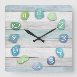 Horloge Carrée Océan en verre de bois de flottage de plage de me