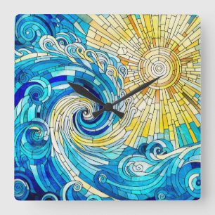 Horloge Carrée Ocean Wave Sun mosaïque art