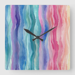 Horloge Carrée Ocean Waves Watercolor Arc en ciel