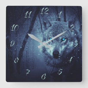 Horloge Carrée Oeil bleu loup