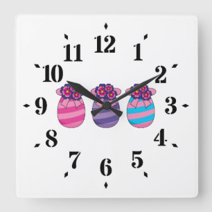 Horloge Carrée Oeufs de Pâques aux fleurs et au ruban
