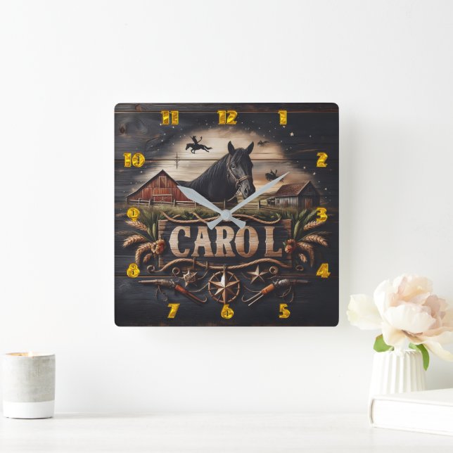 Horloge Carrée Oeuvre à thème occidental avec cheval et grange (Maison)