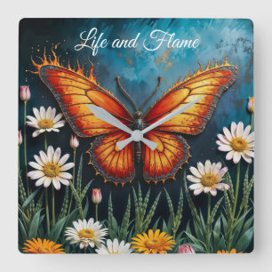 Horloge Carrée OEuvre surréaliste de papillon de feu, chamomille