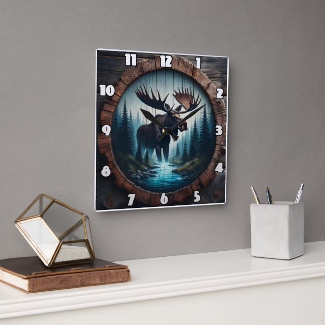 Horloge Carrée Oie debout près d'un ruisseau dans une forêt (Bureau)