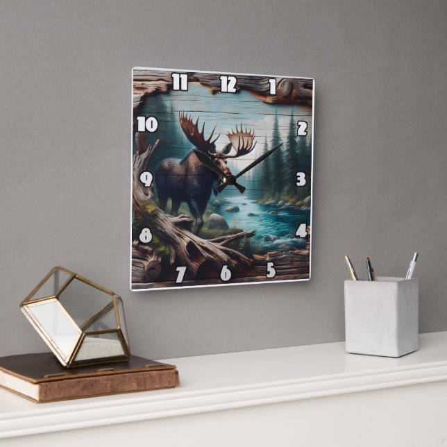 Horloge Carrée Oie par rivière dans le paysage forestier Art (Bureau)