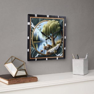 Horloge Carrée Oie sauvage Bord de l’eau rustique