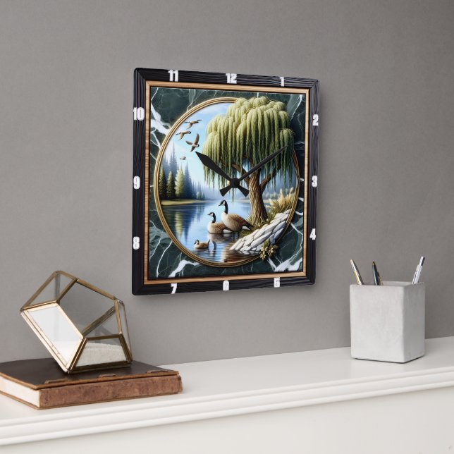 Horloge Carrée Oie sauvage Bord de l’eau rustique (Bureau)