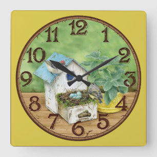 Horloge Carrée Oiseau avec Birdhouse