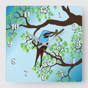 Horloge Carrée Oiseau bleu en ciel bleu d'arbres