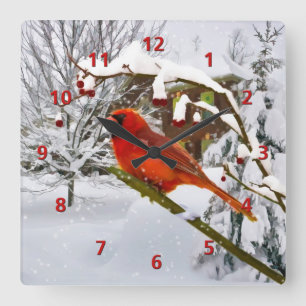 Horloge Carrée Oiseau cardinal, neige, hiver