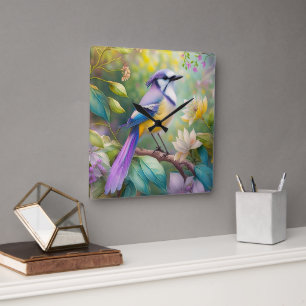Horloge Carrée Oiseau de fantaisie Geai Violet Touffeté