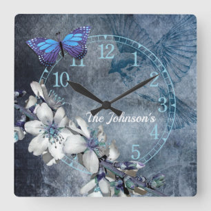 Horloge Carrée Oiseau de papillon blanc floral au design vintage 