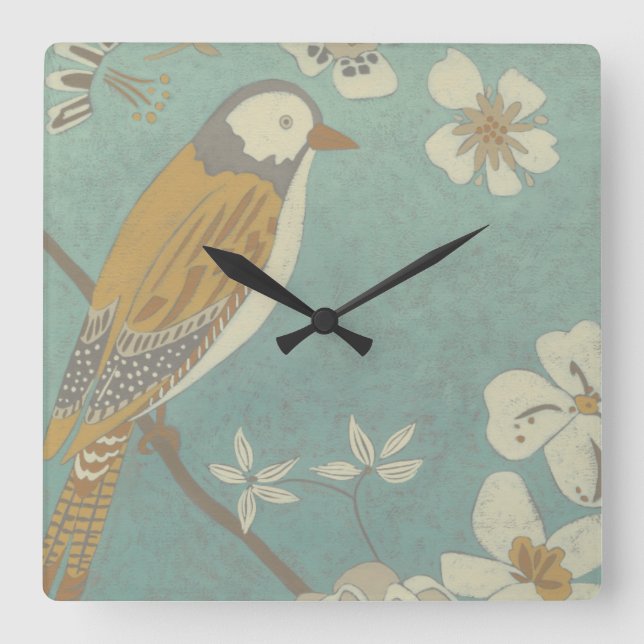 Horloge Carrée Oiseau jaune, gris et beige perché sur une branche (Recto)