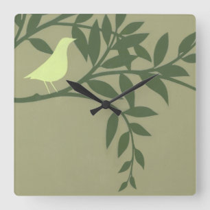 Horloge Carrée Oiseau vert été perché sur la branche verte