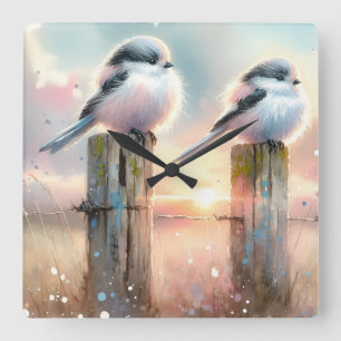 Horloge Carrée Oiseaux au pastel à l'aquarelle sur un poteau de c