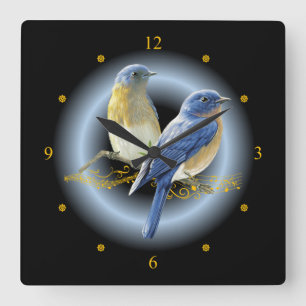 Horloge Carrée Oiseaux bleus et paillettes ~ Gold Musical Scroll 
