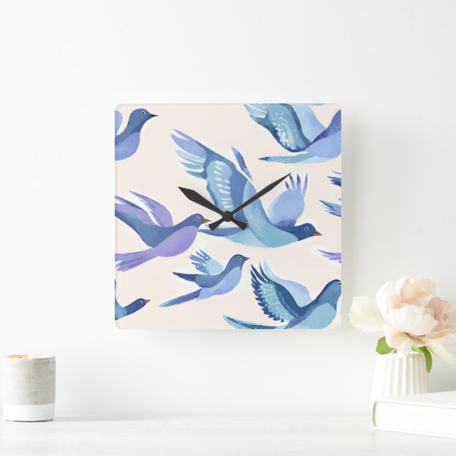 Horloge Carrée Oiseaux bleus volant | Aquarelle moderne (Maison)