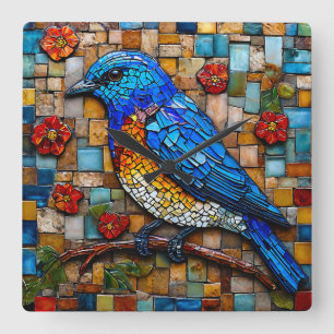 Horloge Carrée Oiseaux Mosaïques Colorés Cadeau pour les Amateurs